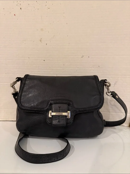 Coach Black Leather Flap Crossbody with Silver Metal Accent
