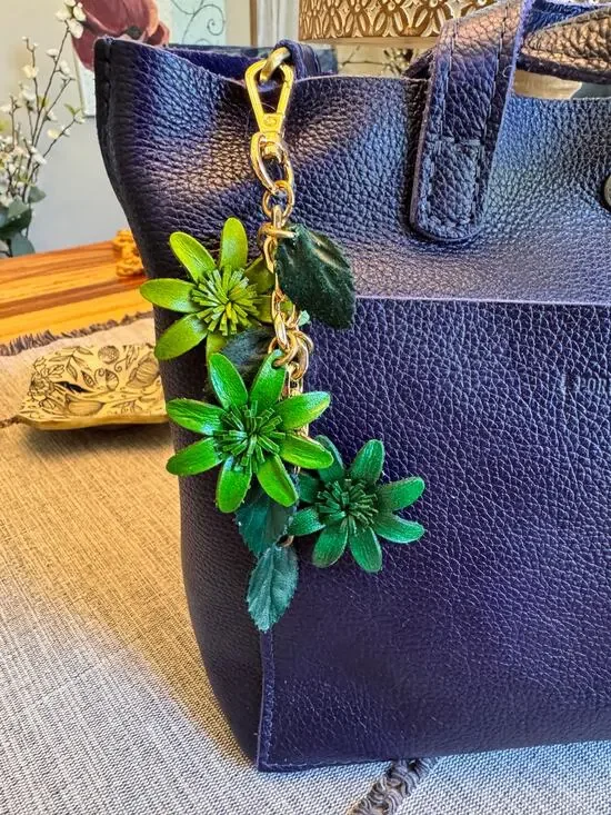 Colorful Green Flower Bag Charm Genuine Leather Purse Charm Flower Charms NEW!