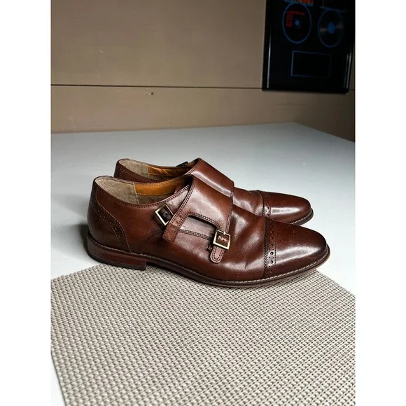 Florsheim Mens 9.5D Double Monk Strap Shoes Brown Leather Cap‎ Toe Brogue 11590