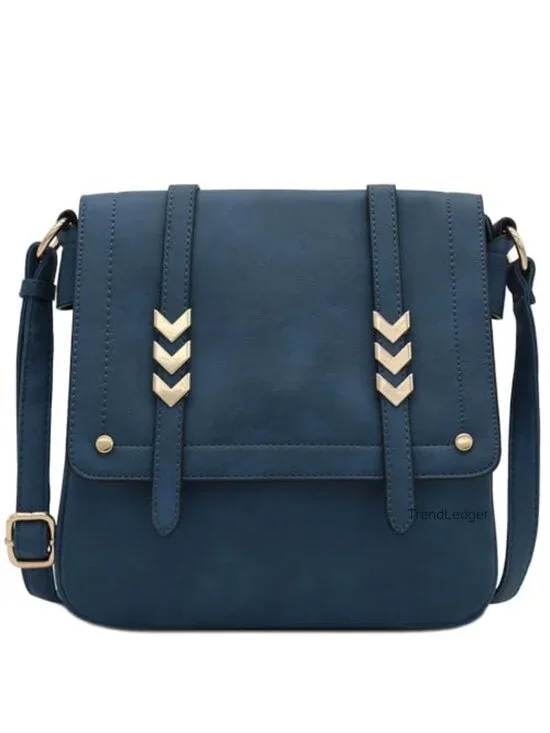 Large Flapover Crossbody Bag Faux Leather Adjustable Strap Double Compartment