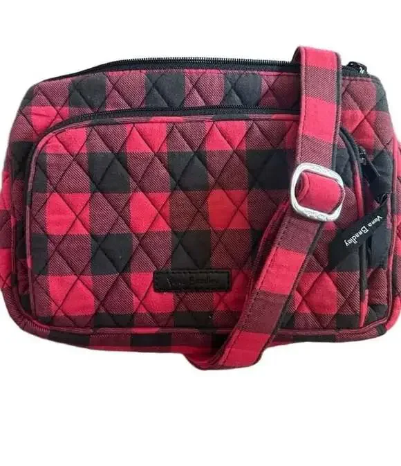 Vera Bradley Red And Black Buffalo Check Quilted Crossbody Bag 7”x10”W