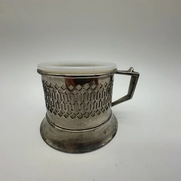 Vintage Shaving Cream Cup Silver Tone Metal Holder Milk Glass Insert Patina