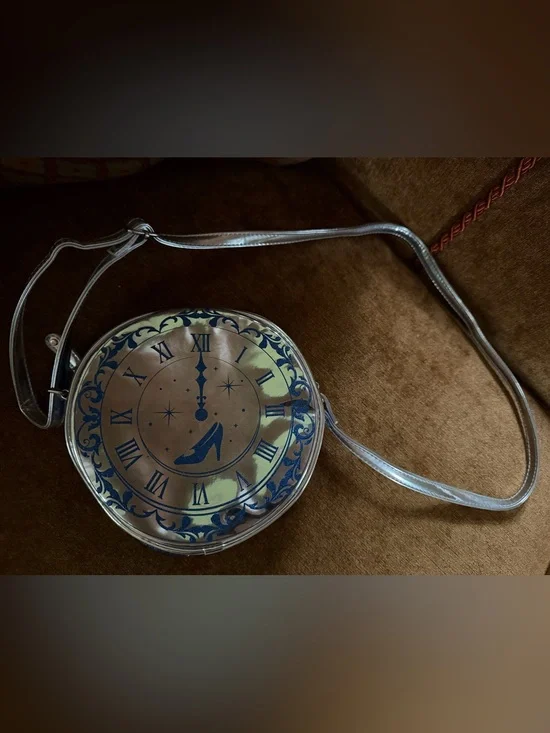 Disney Parks Silver Round Crossbody Bag with Blue Clock Motif