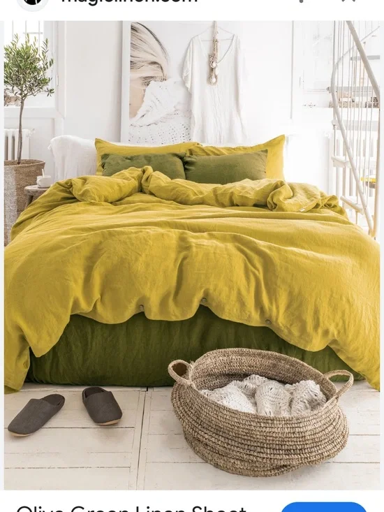Olive Green/yellow cali king size Linen Duvet Cover Set includes 2 pillow cases