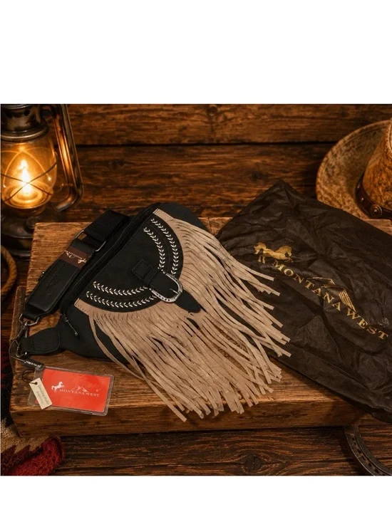 Montana West Black Suede Crossbody Bag with Tan Fringe