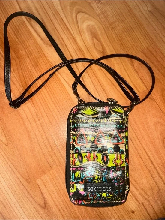 Sakroots Multicolor Tribal Print Crossbody Phone Case wallet with Black Strap
