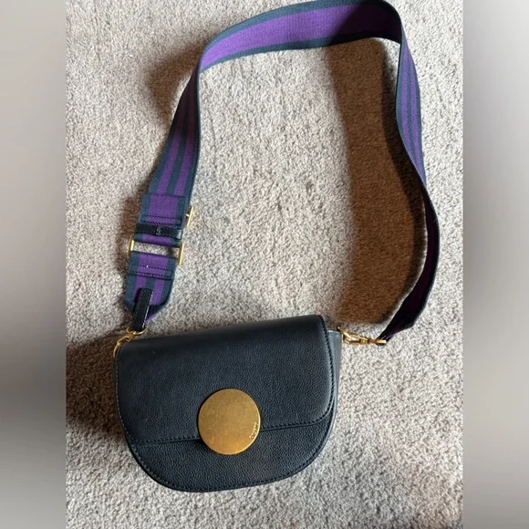 orYANY Black Leather Crossbody with Purple and Green Strap