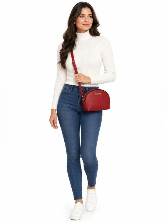 Red Faux Leather Small Dome Satchel Crossbody Bag Convertible Travel Pouch
