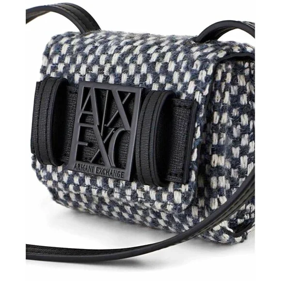 Armani Exchange mini crossbody, black/white/gray houndstooth logo, magnetic