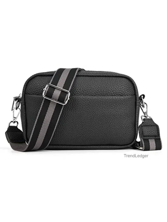 Camera Crossbody Bag Pebbled Leather Wide Striped Strap Zip