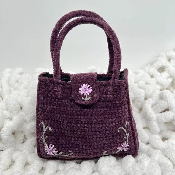 VTG Purple Knit Purse Floral Embroidered Bag + Coin Pouch Cottagecore Coquette