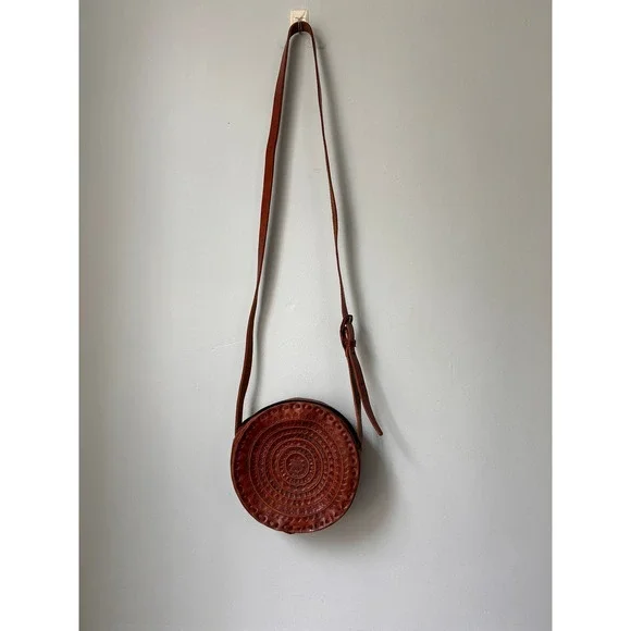 Handmade Round Leather Crossbody Bag Embossed Mandala Tooled Brown Boho Purse