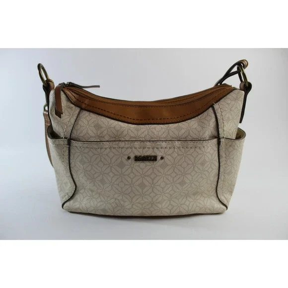Rosetti Satchel Handbag Beige Geometric Print Brown Faux Leather Strap Pockets
