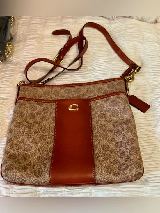 Coach Brown Signature Canvas Crossbody with Leather Trim