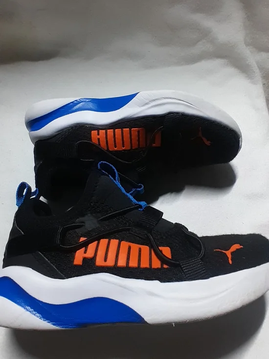 Puma Kids Black Sneakers with Orange Logo and Blue Accents
