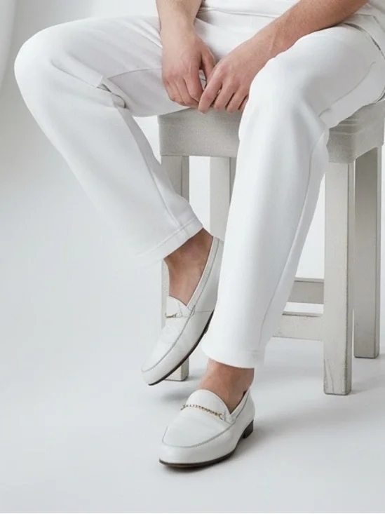 Bally White Leather Chain-Trim Loafers Men Shoes Size 7.5 Made in Italy