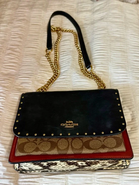Coach Mixed-Material Black, Brown & Rust Shoulder Bag with Gold Chain