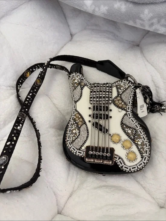 Mary Frances Black and Cream Beaded Guitar Crossbody Bag