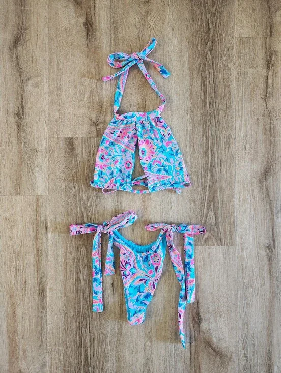 Frankies Bikinis Blue Scarf Print Cupid Top & Willow Bottom Bikini Set MEDIUM