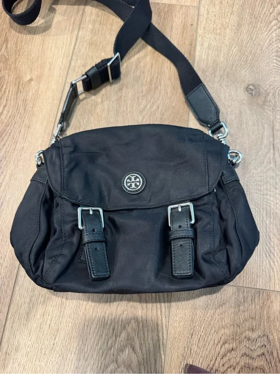 Tory Burch Black Nylon Crossbody Bag with Buckle Accents