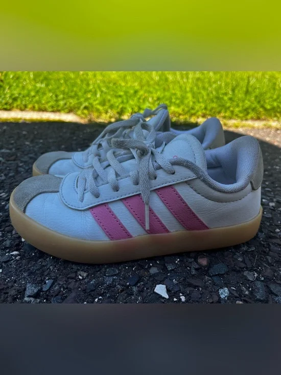 adidas Kids White Sneakers with Pink Stripes