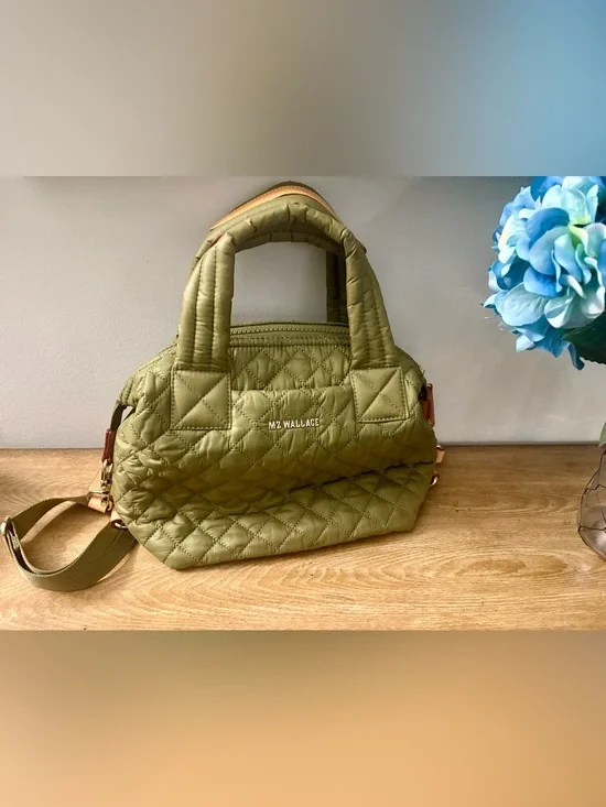 MZ Wallace Small Metro Sutton Deluxe Moss Green Quilted Nylon Crossbody Bag NWOT