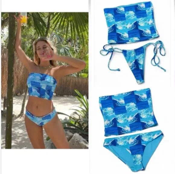 3 Piece SET Frankies Bikinis Waves Print Blue Sz M