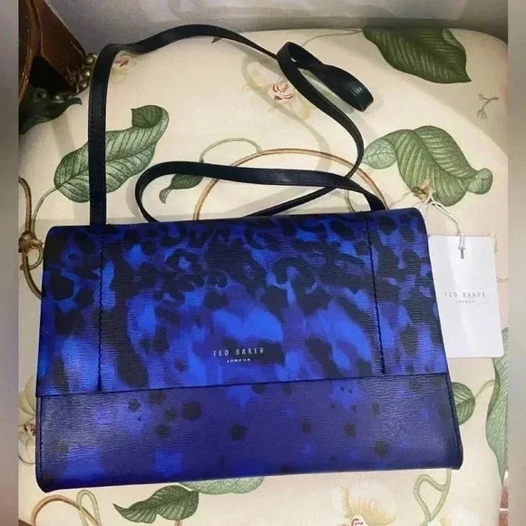 NWT Ted Baker Animal Print Blue Crossbody Bag Purse Handbag Leather