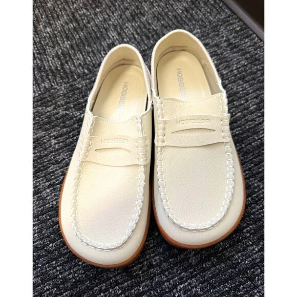 HOBIBEAR Men's White Slip-On Loafers Round Toe Logo Accent US 2.5 EU 37