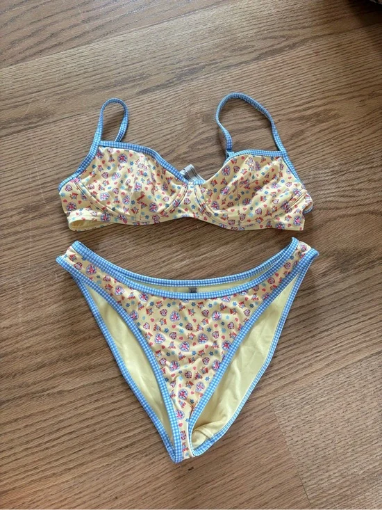 Frankie's Bikinis Yellow Floral Bikini with Blue Gingham Trim