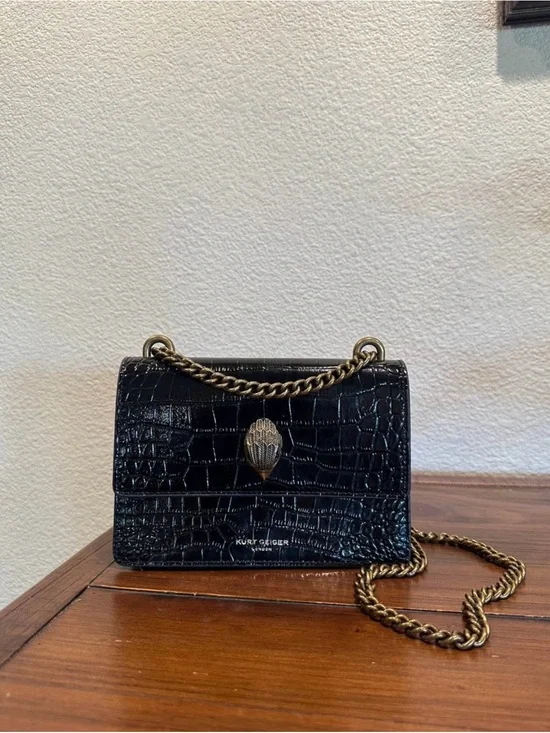 Kurt Geiger Black Croc Leather Chain Shoulder Bag