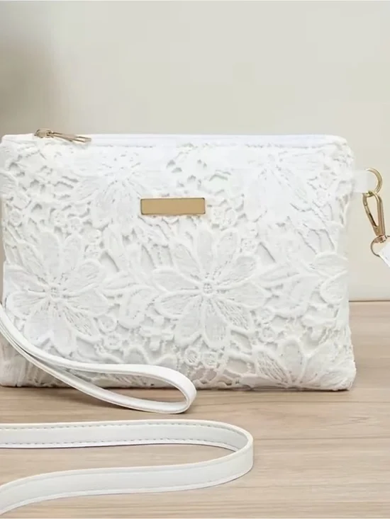 White Floral Lace Crossbody Bag with Gold Accent