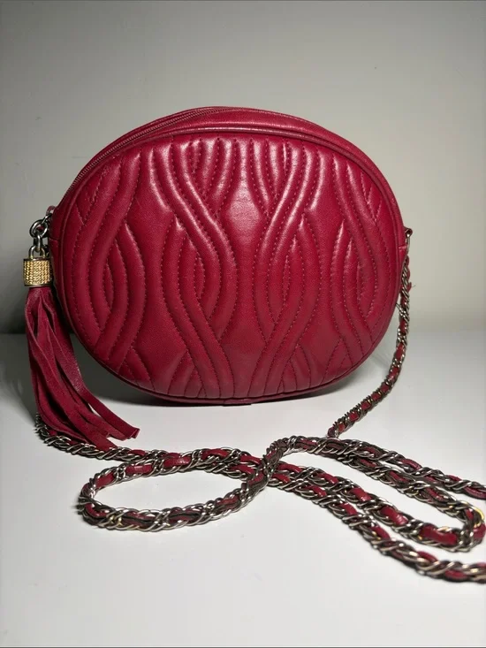 Red leather Vintage Quilted Oval Crossbody Bag with Tassel