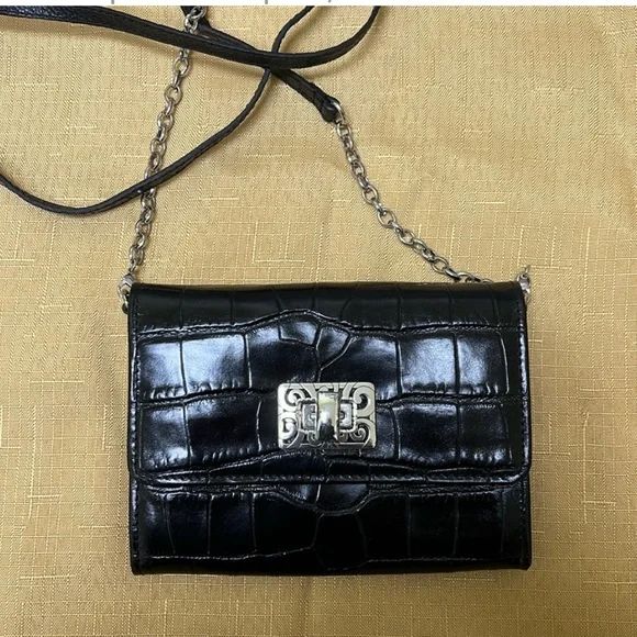 Brighton Mingle Tech Black Croc-Embossed Crossbody Wallet Bag