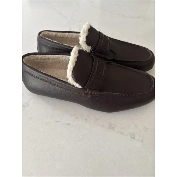 Calvin‎ Klein Mens Brown Faux Leather Sherpa Lined Slip-On Moccasin Slippers 7.5