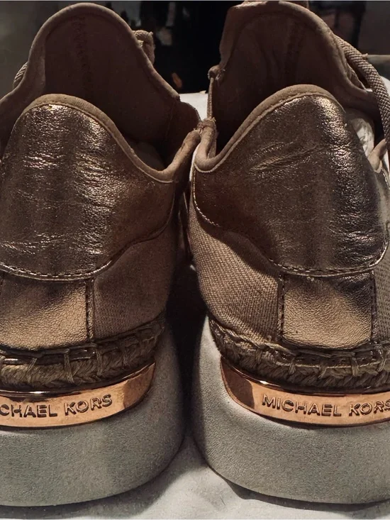 Michael Kors Metallic Bronze Slip-On Loafers with Gold Heel Trim