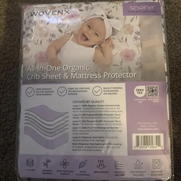 Organic Bamboo All in One Crib Sheet & Mattress Protector Wovenx 52x28x9 NIP