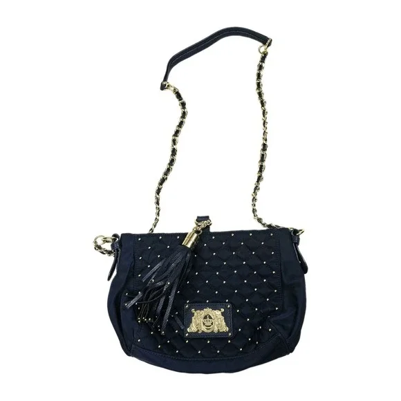 Juicy Couture Navy‎ Quilted Studded Crossbody Bag Chain Gold Monogram Tassel