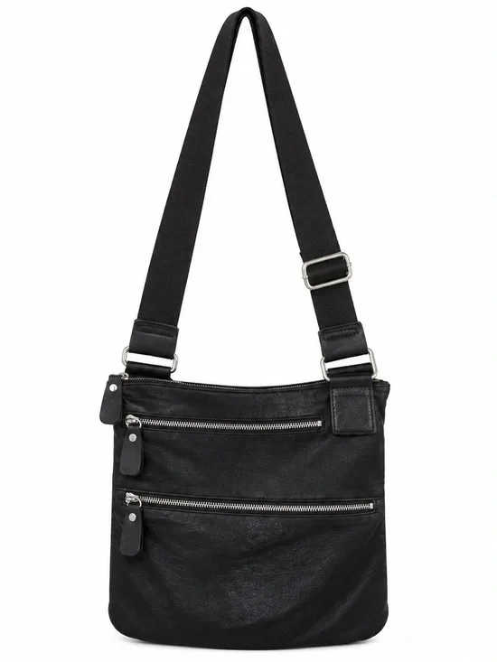 MARGOT Women's Black Leather Crossbody Bag with Dual Zip Pockets