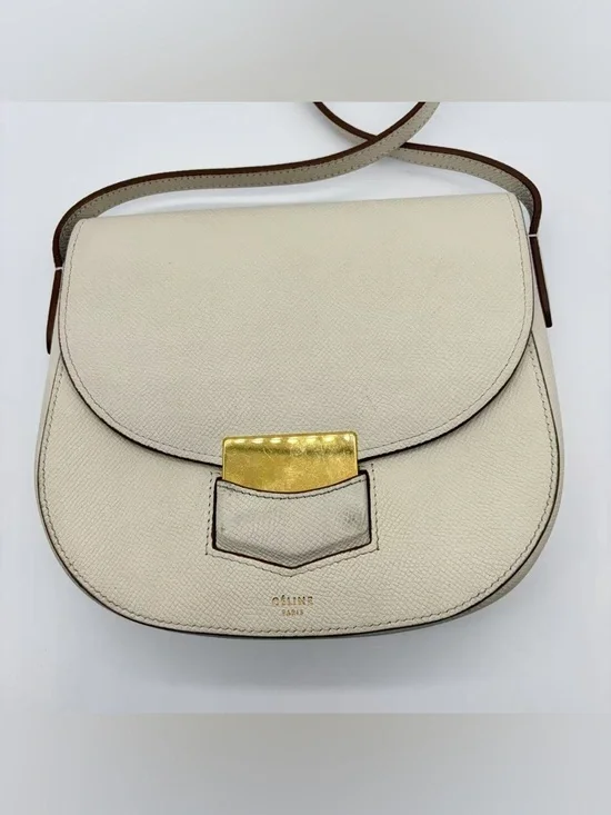 Celine Cream Leather Crossbody Bag with Gold Accent