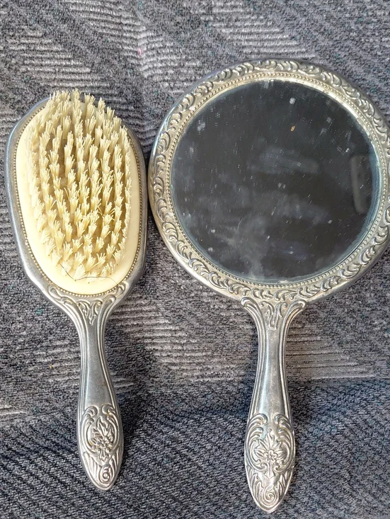 Vintage Silver Hand Mirror & Brush Set - Cream Bristles And Comb