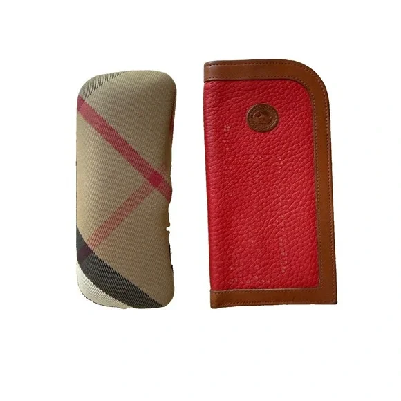 Lot 2 Designer Eyeglass Cases Burberry Nova Check + Dooney Bourke Red Leather