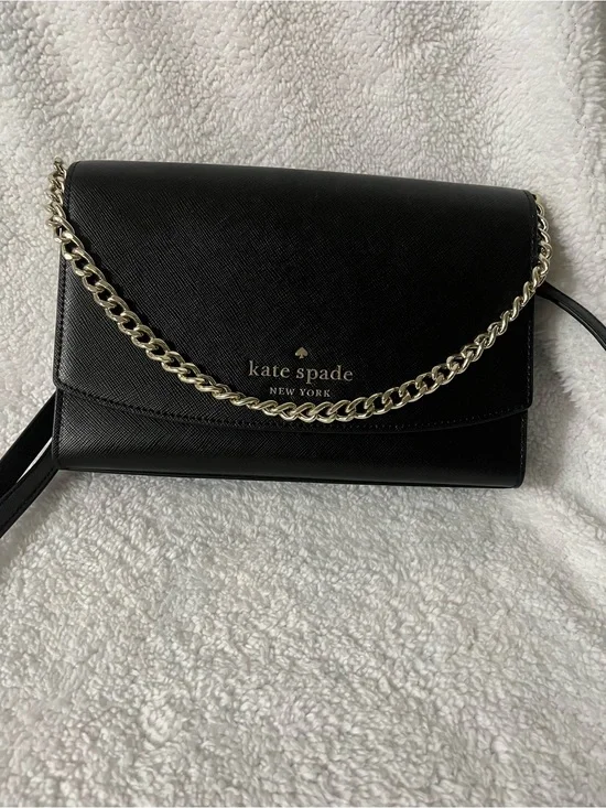 Kate Spade Madison Small Flap Crossbody, Black Saffiano Leather With Gold Chain