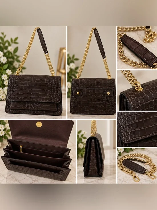 Brown/Black Croc-Embossed Shoulder Bag with Gold Chain Strap