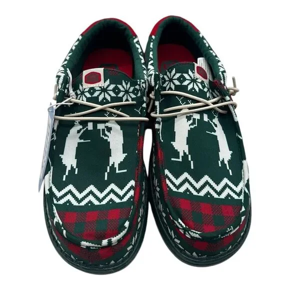 Hey Dude Wally‎ Holiday Cheers Slip On Loafers Mens 8 Green Christmas Deer Print