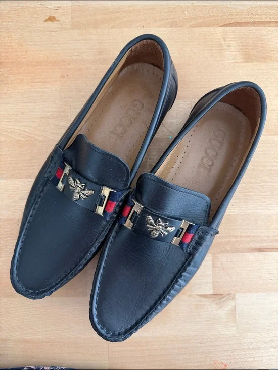 Gucci Black Leather Loafers with Gold Bee & Red-Blue Web