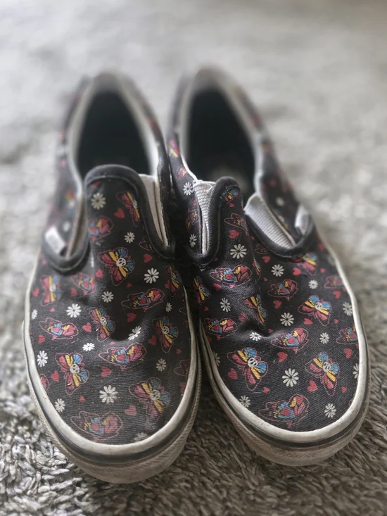 Kids Vans Slip-On Canvas Shoes with Colorful Skull Butterfly Print - Black