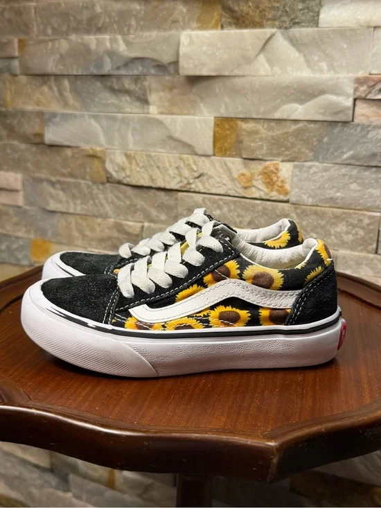 Girls Sz 11 Vans Old Skool Black Yellow Sunflower Skater Sneakers Shoe EUC