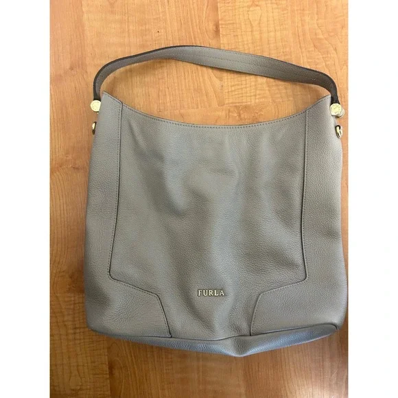 Furla Taupe Pebbled Leather Hobo Shoulder Bag Gold Hardware Large
