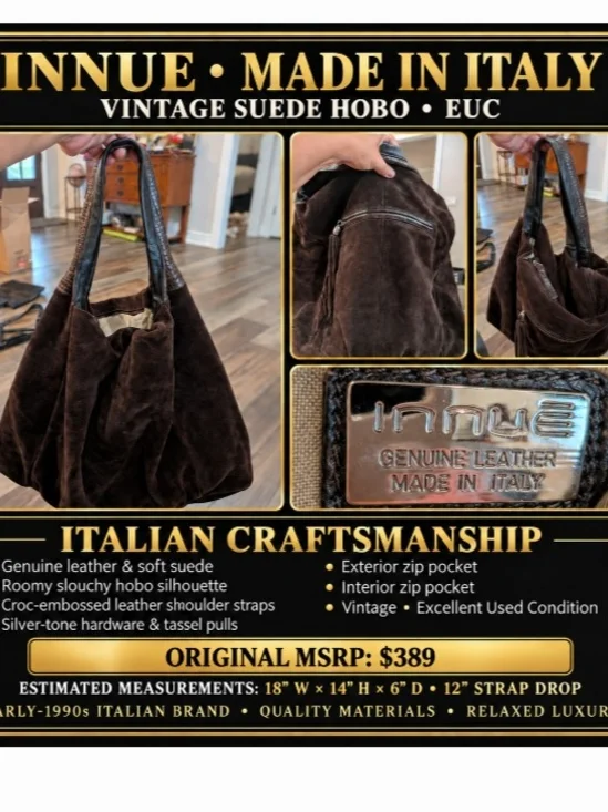 Innue Vintage Italian Suede Chocolate Large Hobo 1990s
